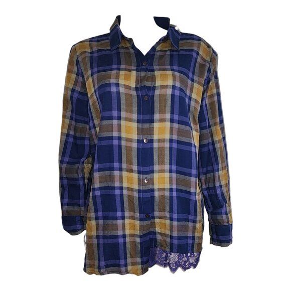Logo by Lori Goldstein Shirt Womens Size L Large Blue Plaid Lace Detail Button - Picture 1 of 8